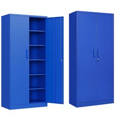 two blue lockers side by side with one closed and the other open on both sides