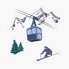 a ski lift with skiers going up the mountain stickers on it's side