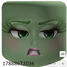 an animated image of a woman's face with green eyes and long eyelashes, looking angry