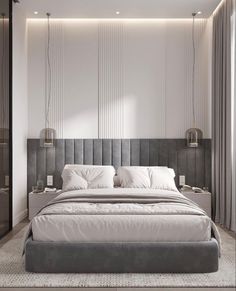 a modern bedroom with white walls and flooring is pictured in this image, there is a large bed that has two nightstands on either side tables next to it