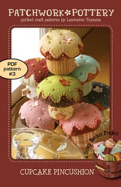 the book is titled patchwork pottery with pictures of cupcakes and muffins