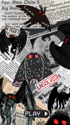 a collage of various images with red eyes and black cats on them, including newspaper pages