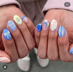 Cute Gel X Nails For Summer, Noah Kahan Nail Ideas, Every Nail Is Different Design, Salome Andrea Nails, West Coast Nails, Mismatched Summer Nails, Blue Fruit Nails, Short Almond Nails With Design, Nail Inspo On Natural Nails