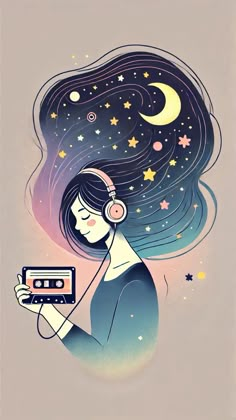 a woman with headphones holding an old school radio in front of stars and the moon