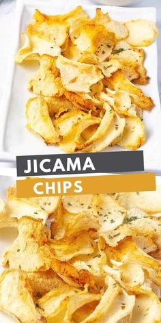 two white plates with chips on them and the words jacama chips above it