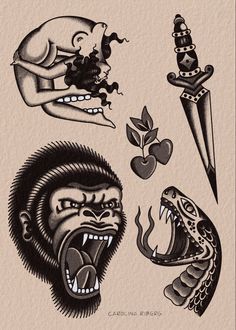 an old school tattoo design with gorilla, snake and dagger