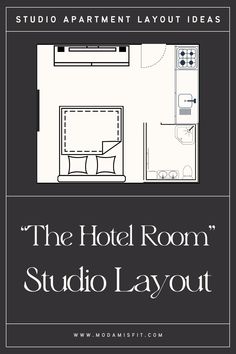 the hotel room studio layout is shown in black and white, with text overlaying it