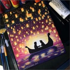 a painting of two people in a boat with floating lanterns