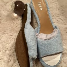 Pretty Slides In Blue Teddy Material And Transparent Heel. Transparent Heels, Women's Shoes Sandals, Shoes Sandals, Slides, Color Blue, Women Shoes, Sandals, Bar, Heels