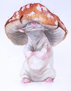 a watercolor painting of a mushroom sitting on its back with it's eyes closed