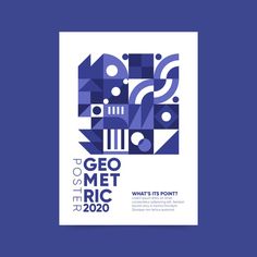 a blue and white poster with the words go metricc in bold geometric shapes