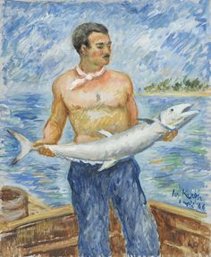 a painting of a man holding a fish