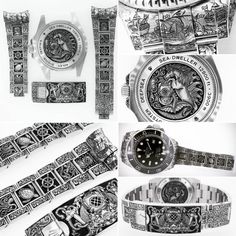 Fully customised Rolex watch. Hand engraved with a nautical theme. Rolex Deepsea SeaDweller. By LONDON ENGRAVER Rolex Deepsea, Custom Signet Ring, Antique Restoration, Coats Of Arms, Sea Dweller, Signet Rings, Coat Of Arm, Special Quotes, Rolex Watch