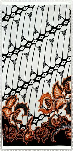 an orange and black design on a white background with some flowers in the middle,