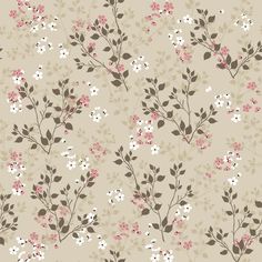 a floral wallpaper pattern with pink and white flowers on a beige background in shades of gray