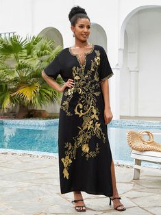 2023 collection Kaftan V-neck Women Clothing Summer Beach Dresses Embroidery Kaftan, Summer Beach Dresses, High Waist Maxi Dress, White Kaftan, Beach Attire, Beach Dresses Summer, Moroccan Caftan, Light Dress, Clothing Summer