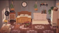 a dollhouse bedroom with furniture and accessories on the floor in front of a clock