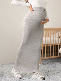 Maternity Casual Solid Color Drawstring Waist Elegant Skirt Light Grey Casual   Knitted Fabric Plain Pencil Slight Stretch  Maternity Clothing, size features are:Bust: ,Length: ,Sleeve Length: Casual Stretch Maxi Skirt For Loungewear, Stretch Long Skirt For Loungewear, Stretch Solid Skirt With Drawstring, Stretch Solid Color Skirt With Drawstring, Solid Stretch Skirt With Drawstring, Solid Color Stretch Skirt With Drawstring, Fitted Long Skirt With Drawstring, Maternity Cotton Bottoms For Spring, Cotton Maternity Bottoms For Spring