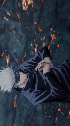 an anime character with white hair and black eyes pointing at something in the air while standing next to fire