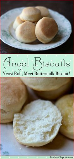 an image of bread rolls on a plate with the words angel biscuits next to it