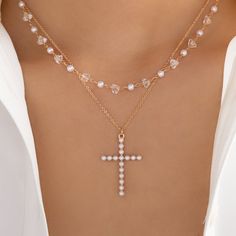 Attached layers Includes everything pictured Material: gold plated brass Length: 16" + 3" extension Pendant size: 0.95" x 1.25" IMPORTED Layered Cross Necklace, Pearl Cross Necklace, Gold Diamond, Cross Necklace, Gold Plate, Plating, Brass, Pendant, Gold