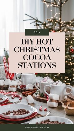 a christmas table with hot chocolate stations and candy canes