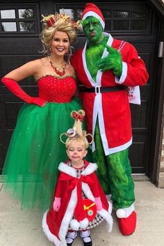 a woman and two children dressed up as the grinch and mrs peppermink