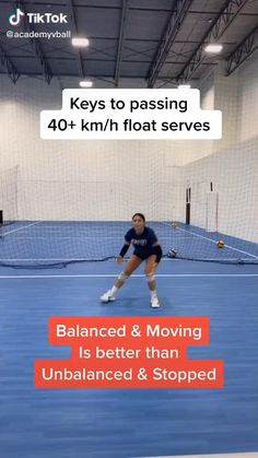 a woman is playing tennis on a blue court with the words, keys to passing 40 + km / h float serves