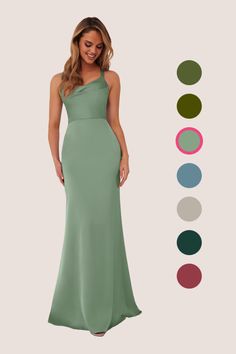 a woman in a long green dress with different color options on the side and an image of