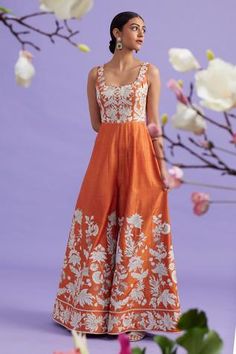 Shop for Vaishali Orange Semi Raw Silk Floral Embroidered Jumpsuit for Women Online at Aza Fashions Ethnic Jumpsuit, Indian Jumpsuit, Ethnic Clothes, Orange Jumpsuit, Embroidered Jumpsuit, Dress Book, Jumpsuit For Women, Silk Jumpsuit, Bollywood Outfits