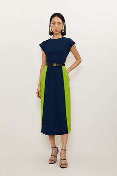 Statuesque With Contrasting Detail, This Midi Dress Is Tailored With Cap Sleeves And A Round Neck, While An A-Line Skirt Is Pleated For A Contemporary Touch. Pair With Barely-There Heels And Accessories For Stand-Out Occasionwear.Contrasting Detailpleatedcap Sleeves Dress Suits For Women Classy, Two Tone Dresses, Workwear Capsule Wardrobe, Panel Skirt, Spring Wedding Guest Dress, Petite Business Casual, Ibiza Outfits, Fall Wedding Guest Dress, Soft Tailoring