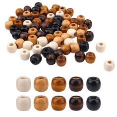 several different types of wooden beads on a white background