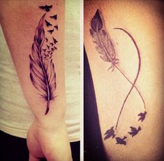 two different tattoos that are on the arm and one has a feather with flowers in it