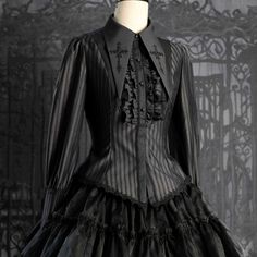 Gothic Victorian Long Sleeve Dress For Costume Party, Gothic Victorian Dress For Costume Party, Black Gothic Blouse For Formal Occasions, Formal Gothic Long Sleeve Blouse, Long Sleeve Gothic Blouse For Formal Occasions, Gothic Victorian Dress With Ruffles And Long Sleeves, Gothic Formal Tops With Ruffles, Gothic Long Sleeve Corset, Gothic Long Sleeve Victorian Dress For Cosplay