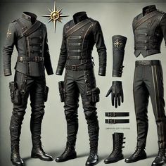 Cyberpunk Outfit Concept Art Male, Fighter Outfit Male, Sci Fi Clothing Concept Art Male, Black Leather Armor, Military Uniform Concept Art, Black Uniform, Vigilante Suit Design, Cyberpunk Clothes, Armor Clothing