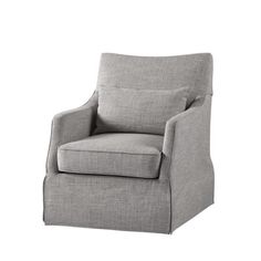 the arm chair is upholstered in grey linen