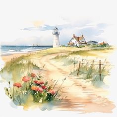 a watercolor painting of a lighthouse on the beach with flowers in the foreground