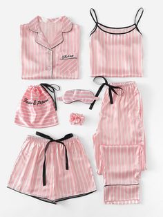 7Pcs Letter Embroidered Striped PJ Set With Shirt -SheIn(Sheinside) Star Wars Outfit, Satin Pj Set, Pastel Outfit