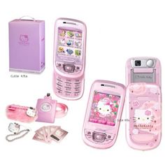 three pink hello kitty cell phones are next to each other and one has a phone in it's hand