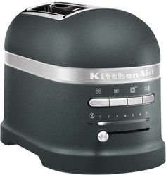 the kitchen aid toaster is green with silver trim