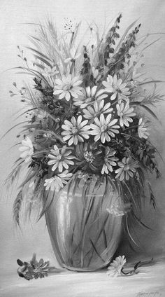 a black and white drawing of flowers in a vase