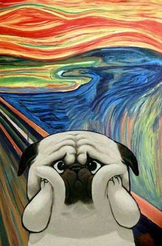 a pug dog is looking at the scream painting