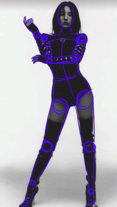 a drawing of a woman in black and purple with circles on her body, wearing high heeled boots