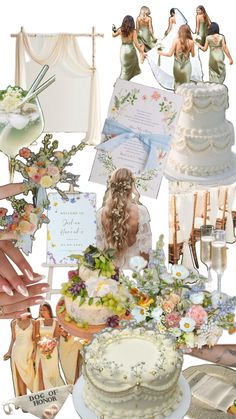 wedding collage with bride and groom's cake, flowers, cards, and other items