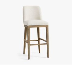 an upholstered bar stool with a white fabric seat and backrest, viewed from the front