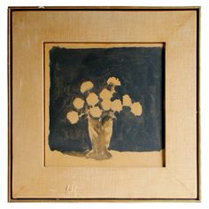 a painting with flowers in a vase on a table