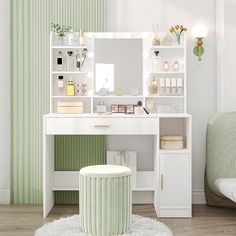 a white desk with a mirror, stool and shelves on the wall in front of it