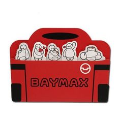 a red toy box filled with lots of stuffed animals on it's sides and the words bay max written in black