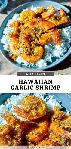 Top photo is of hawaiian garlic shrimp served on a bed of white rice, in a grey plate. A piece of shrimp is held up to the camera with a pair of wooden chopsticks. The bottom photo is a closeup of the shrimp. Shrimp Recipes Hawaiian, Hawaiian Dinner Ideas, Seafood Dishes For A Crowd, Tropical Shrimp, Shrimp With Heads On Recipes, Shrimp And Pineapple, Hawaiian Fish, Hawaiian Thanksgiving Recipes