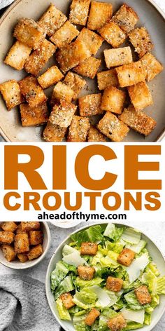 rice croutons with lettuce in a bowl and on a plate next to it